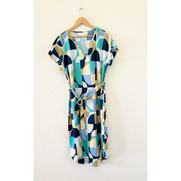 Emery Rose Geo Print Colorblock Notched Neck Dolman Sleeve Belted Dress Size XL - Picture 1 of 11